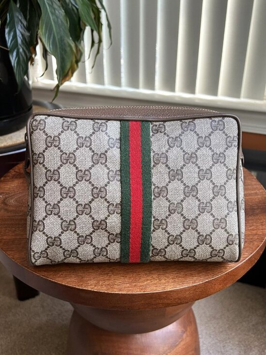 Gucci Handbags - GUCCI GG Supreme Web Sherry Line Clutch, Pouch, Brown, Taupe